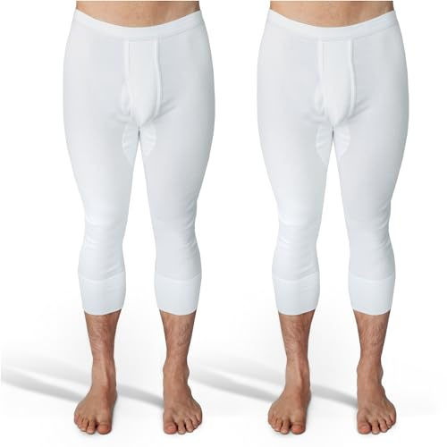 SES 3/4 långa kalsonger herr finribbad 2-pack S – 4XL – 100 % bomull med gylf och mjukt midjeband – bekväma kalsonger män, långa ben, vita, Vit, L