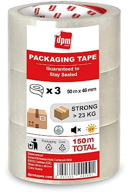 Dpm tapes Packaging Tape – Nastro da Imballaggio, Adesivo Pacchi, Spedizioni, Traslochi, Resistente allo strappo, Senza Solventi, Forte e Silenzioso - 50 m x 48 mm (3 Rolls) (Trasparente)