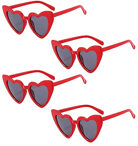 MIVAIUN 4 Paires Lunettes de Soleil Coeur, Lunettes de Fête, Lunettes Vintage Coeur, Vintage Lunettes Oeil de Chat, Rouge, UV 400, pour Festival de Musique, Fête, Carnaval