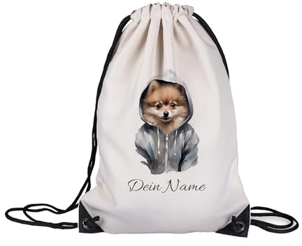 GRAZDesign Turnbeutel Hund mit Namen personalisiert Pomeranian Stoffbeutel für Sport, Schule, Kindergarten, Kinder und Erwachsene