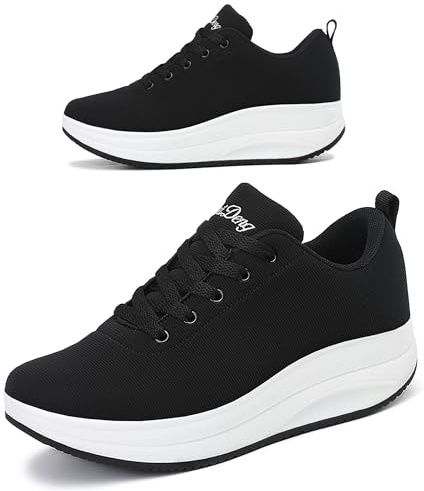 RUIDENG Rocker Bottom Shoes for Women Orthopedic | Comfortable Womens Sneakers Everyday Working | 2 Inch Thick Sole Black White Size 5