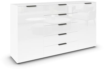 Rauch Möbel Flipp, Kommode, Farbe Glas Weiß, Breite 180 cm | Sideboard, 2-türig, 5 Schubladen, Glasfront, Soft-Close-Funktion, für Schlafzimmer, Gästezimmer, Wohnzimmer, Garderobe, Flur