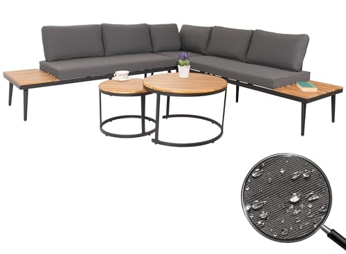 Mendler Garten-Garnitur HWC-H54c Akazie - braun, Kissen dunkelgrau | Lounge-Set, Beistelltisch, Spun, Poly, Holz, Stahl