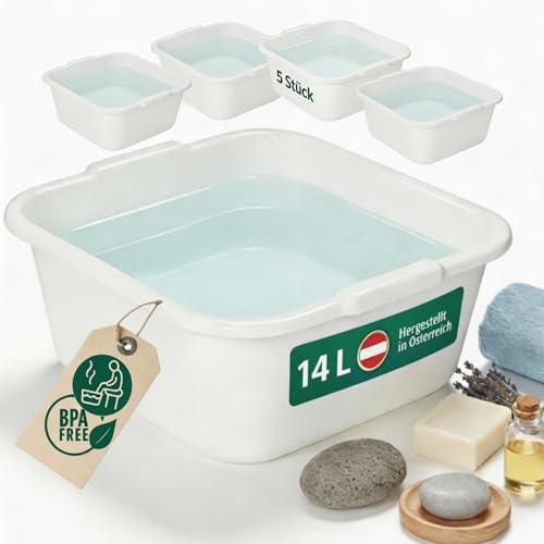 Novaliv 5x Spülschüssel eckig 14L, 38x38 cm, Weiß, BPA-frei & Spülmaschinenfest ? Ideal für Küche und Camping, Wanne, Große Plastikschüssel, Waschschüssel eckig, Waschwanne, Abwaschschüssel