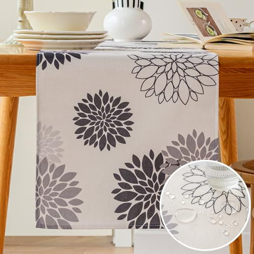 Vorysum Tischläufer Blumen Grau Dahlien Modern Tischläufer Wasserabweisend Leinen，Dekoration Tischdecke Outdoor Sommer Garten für Hochzeit Esszimmer Party Urlaub Dekor 33 x 183 cm