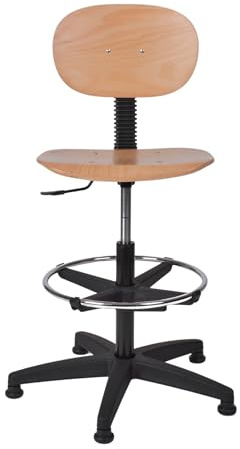 topsit Arbetsstol IND114 av trä, bok klarlackerad, laboratoriestol, steglös justering av sitthöjd med topplyft, förkromad fotring, plastbas med fötter.