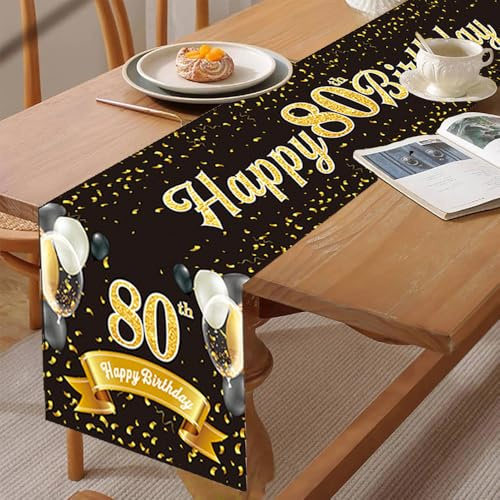 Glamifyr Tischläufer 80. Geburtstag Schwarz Gold, Happy 80th Birthday Tischband für Männer und Frauen, 180x35 cm
