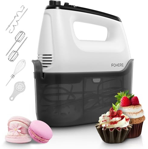 Hand Mixer Electric Mixer, with Storage Box, 6 Speeds, for Baking, 400W, FOHERE Handheld Food Mixer with 6 Free Accessories, Eject Button, Stainless Steel, White