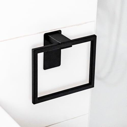 ELMOWO - Premium Edelstahl Handtuchring ohne Bohren selbstklebend inkl. Spezialkleber (extrem sicherer Halt) Design Handtuchhalter Ring für Bad, WC & Küche - Moderne Handtuch Halterung eckig (schwarz)
