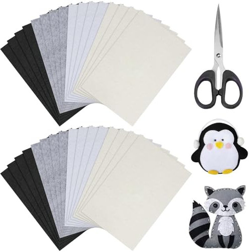 Megcdtr Filzstoff, 32 Stück Filz zum Basteln, Filzblätter mit Einer Schere, Filzstoff Bastelfilz, Weicher Bastelfilz Basteln für Handarbeit DIY Nähprojekt Party Dekorationen (Schwarz+Weiß+Grau+Beige)