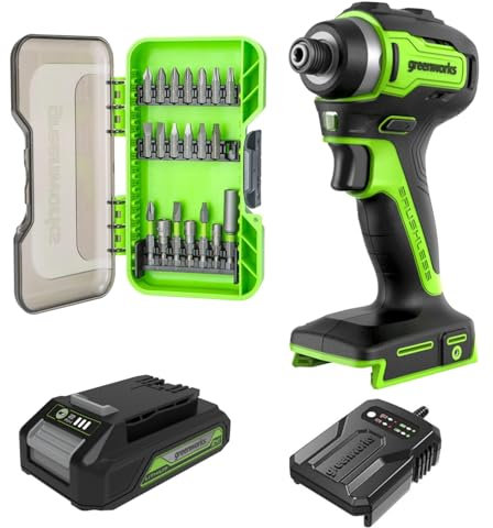 Kit combinato Greenworks di avvitatore a impulsi da 24V 200Nm e trapano avvitatore da 35Nm, con batteria da 2Ah e caricabatterie