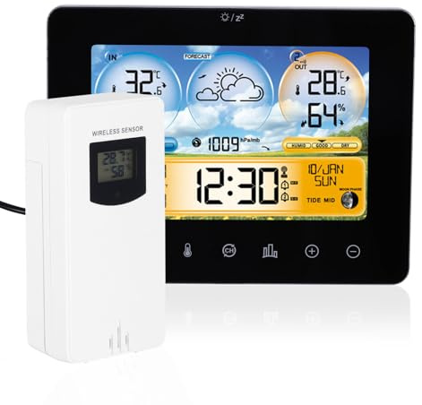 Estación meteorológica inalámbrica con sensor, pantalla a color digital, estaciones meteorológicas inalámbricas de temperatura interior y exterior con calendario reloj despertador Snooze previsión