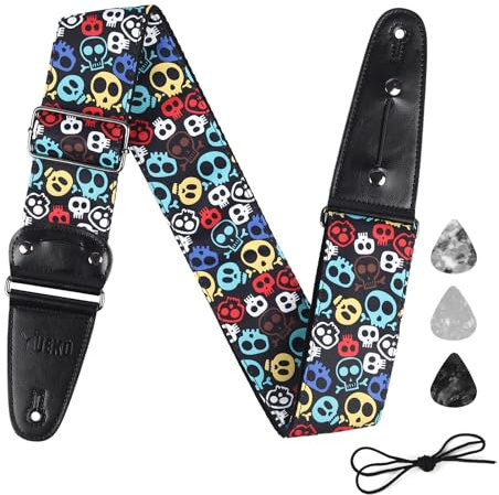 YUEKO Verbreiterter Jeans-Baumwoll-Gitarrengurt mit Totenkopf-Motiv, universeller Schultergurt mit Plektrum-Tasche für Akustik-, E-Gitarre, Bass, Y-xs01 B, 6 cm Breite