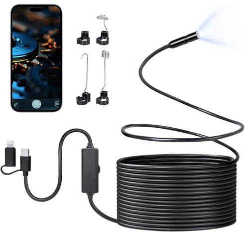 AiQInu Endoscopio per Smartphone, Telecamera Endoscopica 1920P con 8 LED, IP67 Impermeabile, Compatibile con iOS e Android, Perfetto per Ispezioni Elettriche e Manutenzione Veicoli (16.4ft/5M)