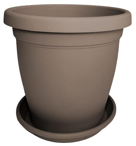 Sicignano | Vaso Verona Rotondo con Sottovaso, Plastica Riciclabile, Fori di Drenaggio, Moderno Classico, Interni Esterni, per Piante Fiori Orto Giardino (Avana, 50 cm)