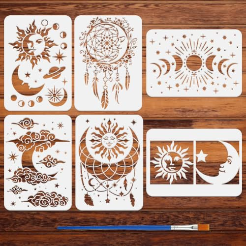 FINGERINSPIRE 6 Stück Sonne Mond Sterne Schablone Mit 1 Pinsel 21x29.7cm Traumfänger Wolken Mondphasen Vorlage Fantasy Themen Für Holzbodenfliesen Heimdekoration