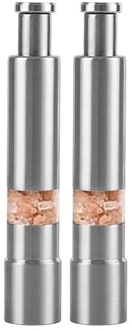 Macinapepe a una mano – Set macina sale, in acciaio inox, dispenser con pulsante superiore, strumento da cucina compatto, meccanismo di macinazione regolabile per cucinare tavolo da pranzo