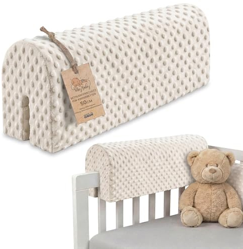 Chichoneras cuna parachoques cunas bebe 50 cm - protector anti caida y golpe espuma de barrera seguridad niños y niñas para cama protection de valla y borde infantil Minky Oeko-Tex Beige claro