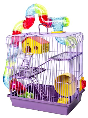 Hamster Cage with Tubes and Wheel, 3 Tier Hamster Cage Platform with Top Access, Multi Level Cage, Easy Clean and Assembly, Includes Hamster House and Feeder Bowl, 39L × 27W × 42H cm - Lilac