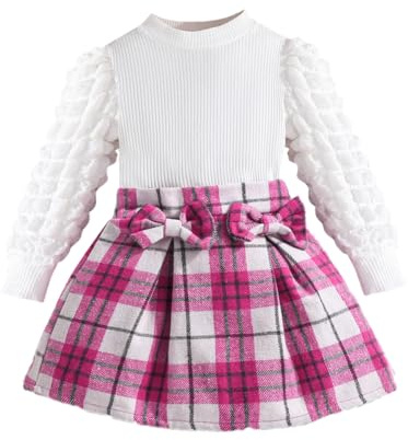 Eqenkely Ensemble Jupe Fille Manches Bouffantes Haut Tops et Elégante Carreaux Jupes avec Nœud 2 Pièces Vêtements Tenue Automne Hiver pour Girls Violet 5 Ans