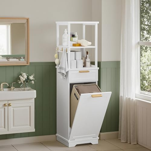VECELO 53 Tilt Out Laundry Hamper, Tall Bathroom Cabinet with Hidden Removable Basket, 2-Tier Open Shelves, 1 Drawer and 3 Side Hooks for Storage, White