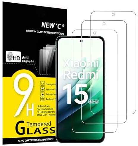 NEW'C Lot de 3, Verre Trempé pour Xiaomi Redmi 15 5G/4G (NON compatible avec Redmi Note 15), Xiaomi POCO M7 4G, POCO M7 Plus 5G Protection efficace contre les Rayures - sans Bulles - Ultra Résistant