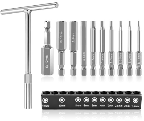 Magnetic Key Bit Set, 10 Piece Hex Key Set with T-Handle 1.5-12mm, S2 Hex Bits 1/4 Screwdriver Bit Set for Assembling Furniture Home Repair