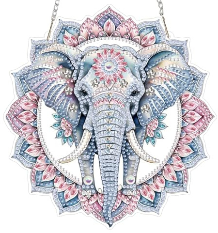 TOSTOG Elephant Diamond Art Hanging Ornaments with Chain for Adults Mandala Wreath Hanging Diamond Art Kits for Adults for Window Garden Home Wall Decor(7.2×7.6inch)