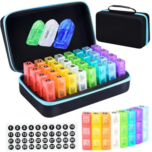 Pastillero mensual Pastillero 3 veces al día, 40 compartimentos Organizador de medicamentos portátil con bolsa de transporte, cortador y etiquetas para viajes de mujeres y hombres