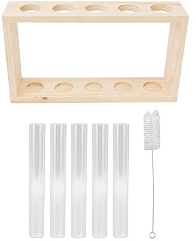 Terrarium 5 Tubes Transparent en Verre Support Bois Observation Pousse Plantes, Mini Jardin Interieur Plantes Aromatiques Décor Bureau Maison 22x12.5x4.5cm/8.66x4.92x1.77in (Enregistrer)