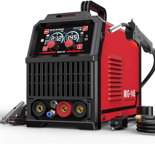 BESTMIG 145A Mig Welder 110v/220v,Gas MIG/Gasless Flux Core MIG/Lift TIG/MMA/Stick Welder Machine, 4 in 1 Multi-Process Welding Machine with Synergy, IGBT Inverter,With Welders Helmet and Gloves