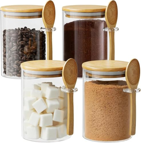 KOIKEY 450ml Glass Container with Lid, Glass Storage Jar with Bamboo Lid & Spoon, Small Kitchen Canister for Tea, Coffee, Sugar, Spices & Organisation