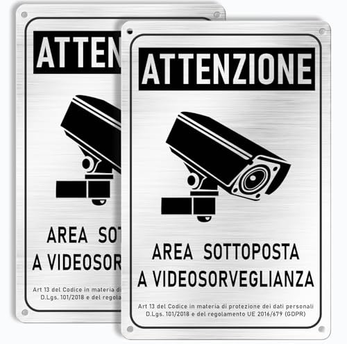 Longivia 2 carteles de área de videovigilancia de aluminio cepillado 22 cm x 15 cm | Grosor 1 mm con adhesivo y 4 orificios | Para interior y exterior | Conforme GDPR para cámaras de videovigilancia