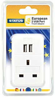 STATUS UK to EU European Plug with USB Port Adapter, 3 Pin to 2 Pin European Travel Adaptor, White 2 Port USB Adapter Plug (S2USBTEURO)