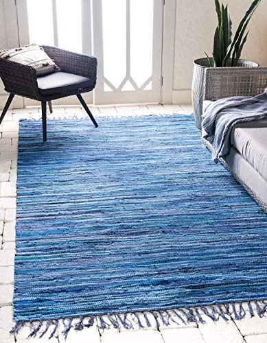 Unique Loom Chindi Cotton Collection Soft Hand Woven Natural Fiber Striped Area Rug, 8 ft x 10 ft, Navy Blue/Ivory