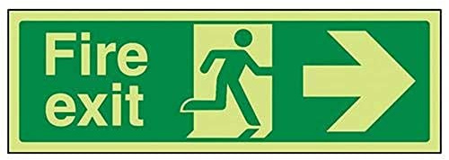VSafety Warnschild „Fire Exit“, 600 x 200 mm, selbstklebendes Vinyl, leuchtet in der Dunkelheit, Pfeil rechts