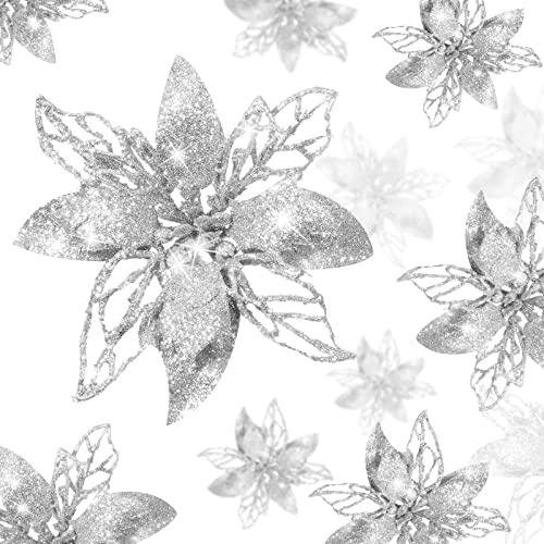 Boao 24 Stück Weihnachten Glitzer Künstliche Weihnachtsstern Blumen Weihnachtsblumen Dekorationen Hochzeit Weihnachtsbaum Neujahr Ornamente (Silber)