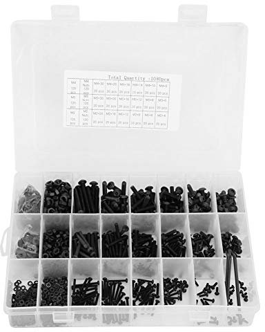1080pcs M2 M3 M4 Acier au carbone noir à tête semi-circulaire à tête hexagonale à tête à écrou Tête de culasse Boulon Rondelle plate Vis À écrous Rondelles Assortiment Kit de combinaison