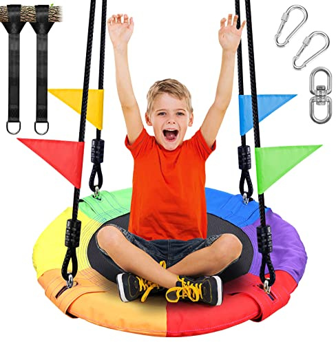Odoland 24 inch Chidren Tree Swing Net Swing Outdoor Kid Platform Swing with Detachable 600LB Weight Load Oxford Fabric and Adjustable Hanging Ropes for Tree, Backyard and Indoor Color