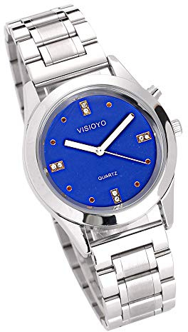 VISIONU Montre Parlante Analogique avec Alarme Annonce de l'heure et Date en Français pour Aveugle et Les Personnes Malvoyant, Cadran Bleu (Bracelet Deux Tons en Acier Inoxydable)