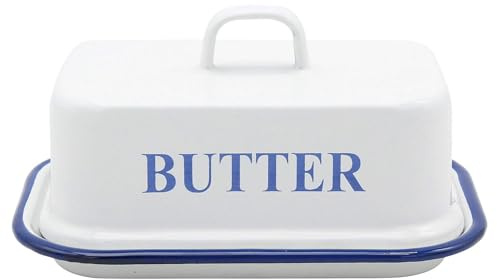 Krüger Emaille Butterdose Husum | Für 250 g Butter | Weiß mit blauem Rand | PFAS-frei | Für Kaffee, Tee & Kaltgetränke | Schnitt- & kratzfeste Emaille | Geschmacktsneutral | Spülmaschinengeeignet