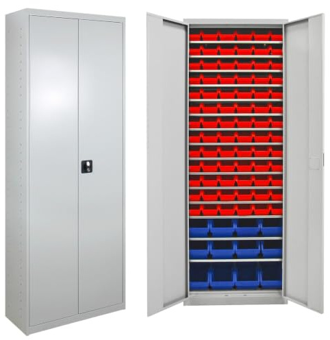 HEMMDAL Flügeltürenschrank mit Sichtlagerkästen | H195xB71xT30 cm | Grau | inkl. Stapelbox 78x Rot + 12x Blau | Aufbewahrung von Kleinteilen & Werkzeug | Zylinderschloss | Werkzeugschrank aus Stahl