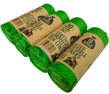 Eco Green Living 30 Litre Bin Liners, Plastic Free, Strong and Leak Proof Refuse Sacks, Medium Bin Bags for Food Waste and Kitchen Bin, Tie Handle Garbage Bags, 72 Bags