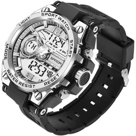 KXAITO Herrklockor sport utomhus vattentät militär klocka datum multifunktion taktik LED larm stoppur, 6092_Silver, Large