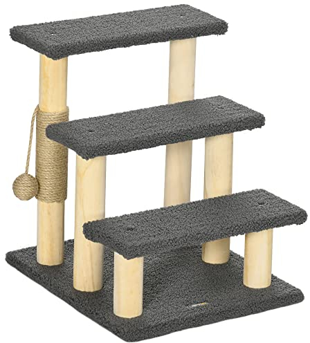 PawHut Katzentreppe 3-stufige Tiertreppe, 48 cm Haustiertreppe mit Sisalsäule, Hundetreppe mit Spielball, Einstieghilfe für hohe Betten, Kiefernholz, Grau+Natur