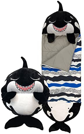 Happy Nappers Saco de Dormir para niños, tiburón Negro, Juguete de Peluche, cómodo Saco de Dormir y Almohada esponjosa, Todo en uno, Bonito Regalo de cumpleaños, Ideal para Jugar, Siesta, Fiestas de