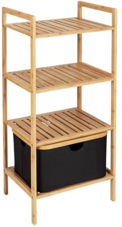 WENKO Regal Mod. Ecori, 3 Etagen mit herausnehmbarem, faltbarem Korb (28 L), aus FSC®-zertifiziertem Bambus und recyceltem Polyester, 44 x 93,5 x 33 cm, Natur/Schwarz