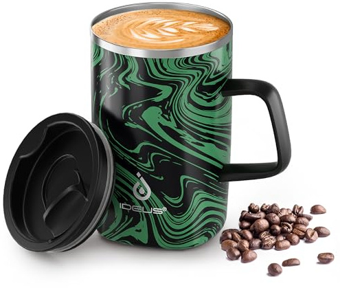 Ideus 16 oz Insulated Stainless Steel Coffee Mug with Lid, Green Zebra | 18/8 Stainless Steel | Double Wall Vacuum | Hydro Dipped Finish | Sweat-Free Exterior | Sliding Lid | Ideal for Home & Office