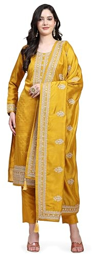 TRENDMALLS Women's Vichitra Silk Kurta Pant Suit Set (UKTM.G142-Yellow-L)