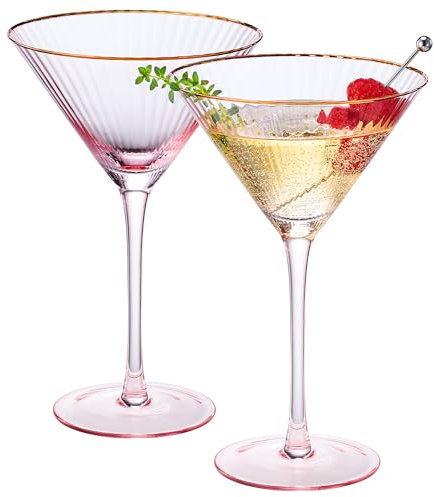 Khen Vintage Blush Pink Gold Rim Colored Martini Glasses | Set of 2 | Love & Gift, Friend, Mom, 10 OZ Crystal Cocktail Glassware for Cosmopolitan, Champagne - Classic Coupes